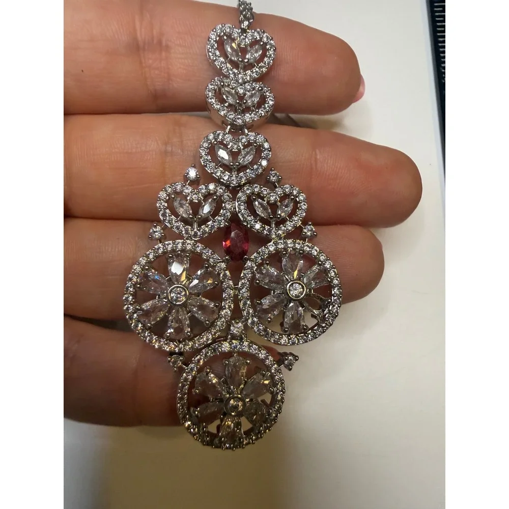 Silver Tone Maang Tikka Headpiece Cubic Zirconia Red Stone Indian Bridal Jewelry